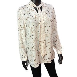 14th & Union Floral Tie-Neck Blouse - Cream and Brown